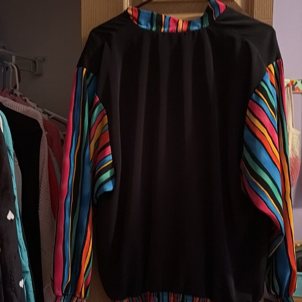 Black Bomber Jacket with Colorful Striped Sleeves - Picture 5 of 5